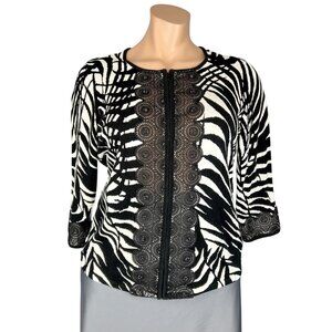 Berek Womens Plus Black White Zebra Print Knit Cardigan Jacket Full Zip size 1XL